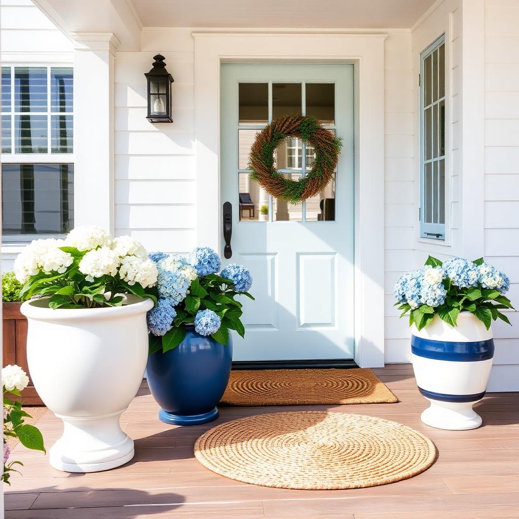 Coastal summer porch with hydrangeas