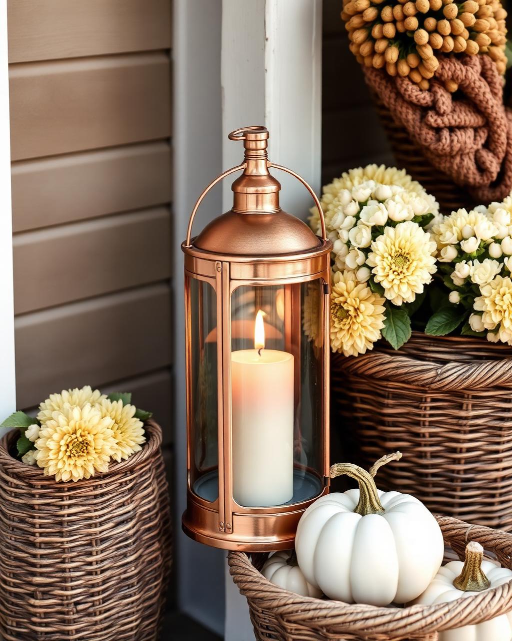 Detail of styled porch corner with lantern and mums