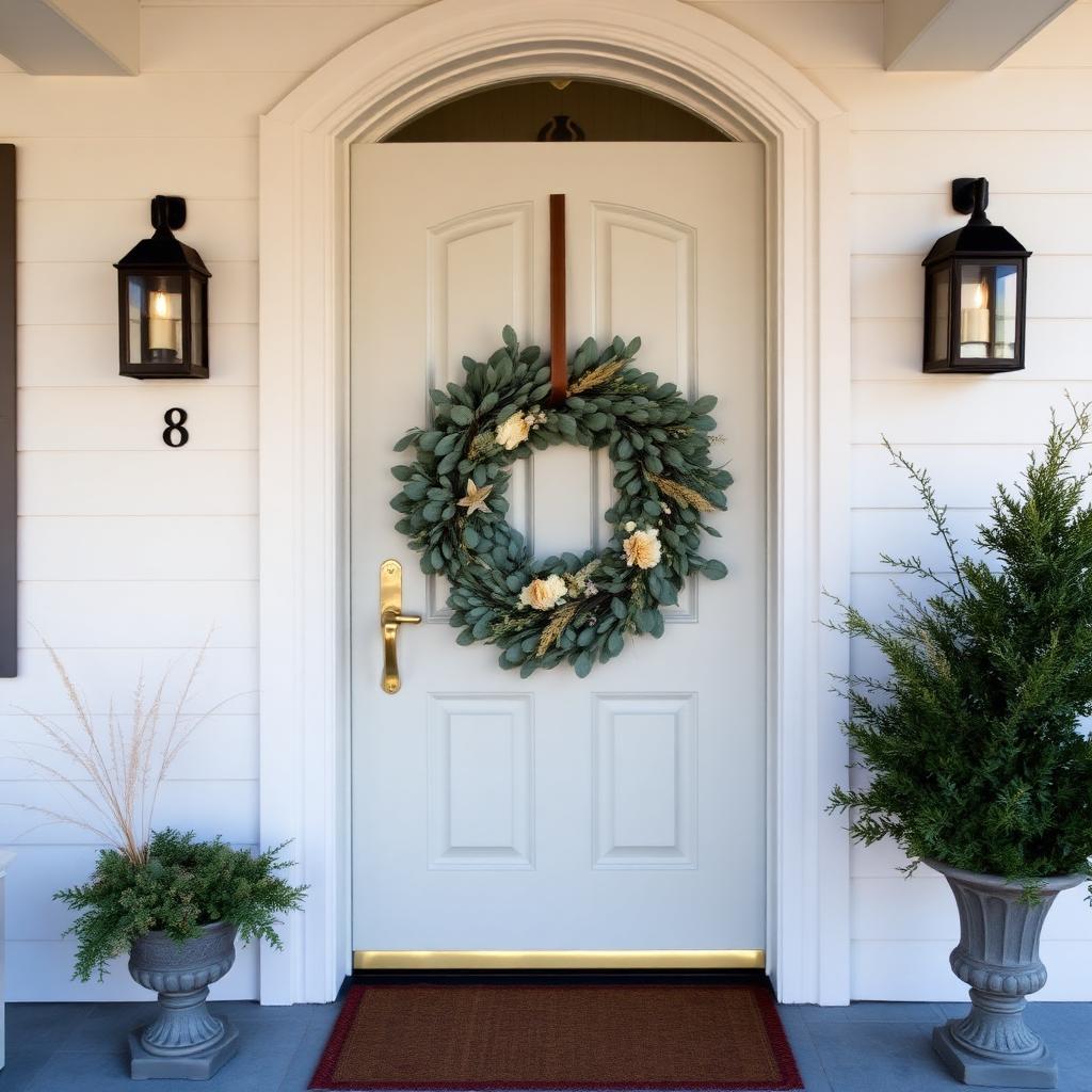 Front door with seasonal eucalyptus wreath